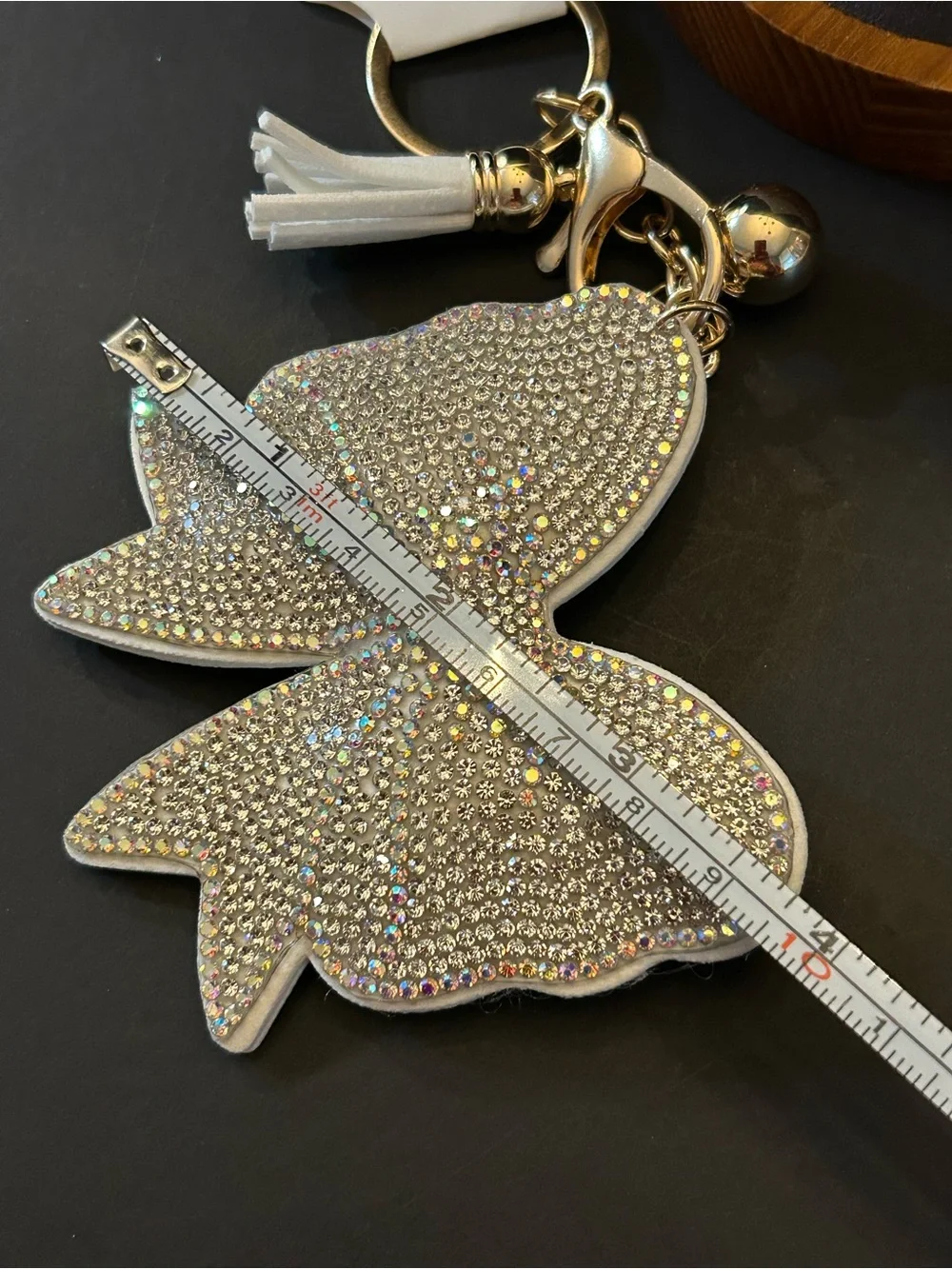 PREMIUM Puffy Off-White Crystal Bow Bag Charm Keychain w/Gold Accents